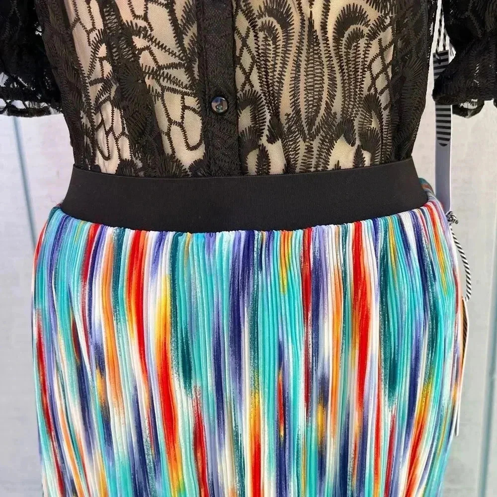 Story On Pleated Midi Skirt Multicolored Print Lined Sheer Elastic Waist - Picture 5 of 10